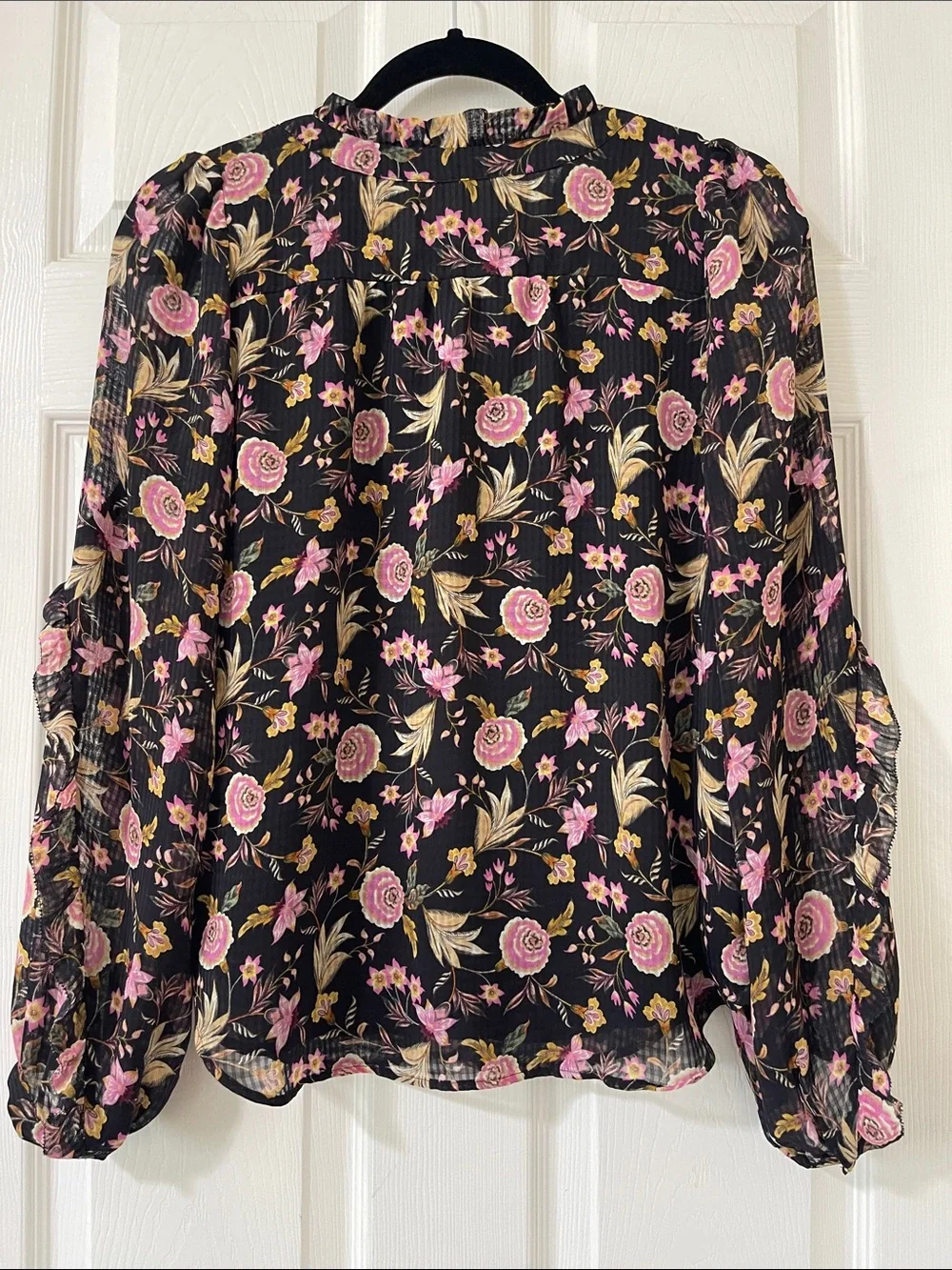 LOFT Black Blouse with Pink Rose Floral Print